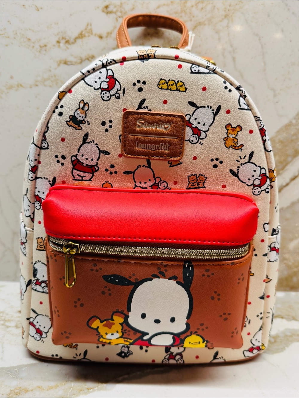 Loungefly Sanrio Pochacco and Friends Mini Backpack Cream, Brown & Red